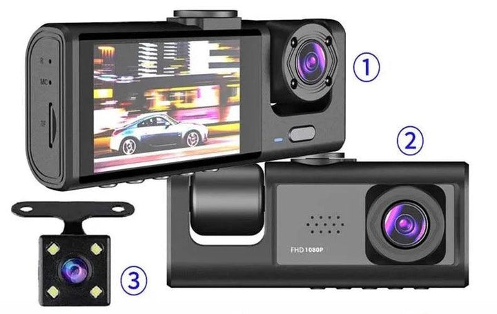 1080P HD Dash Camera with Front, Rear and Interior Cameras, IR Night Vision, Loop Recording, and 2" IPS Screen - DriftnDrive