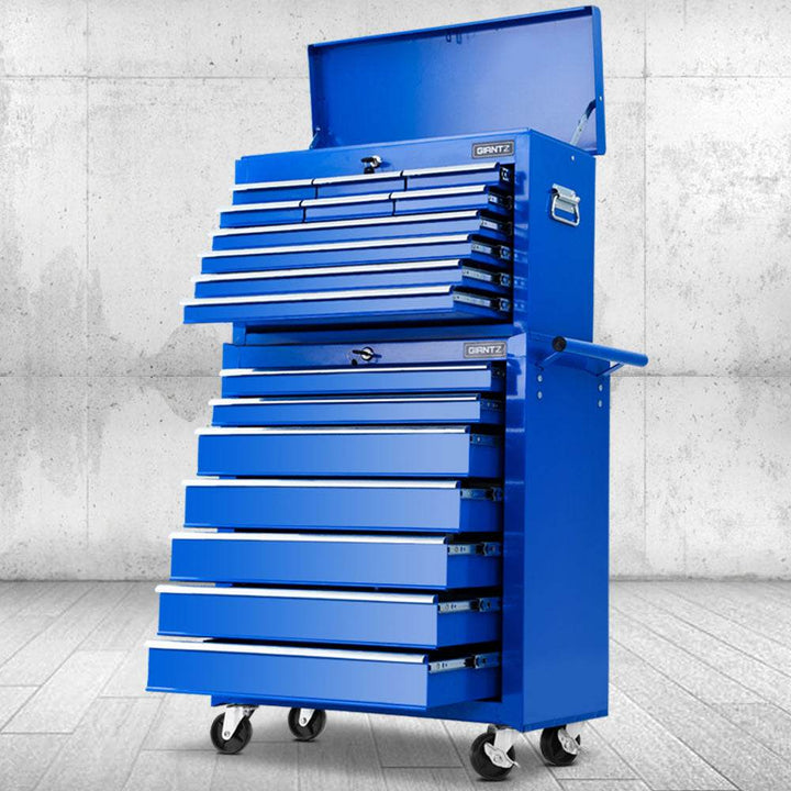 Giantz 17 Drawer Tool Chest & Trolley Cabinet – Steel Garage Toolbox with Wheels (Blue) - DriftnDrive