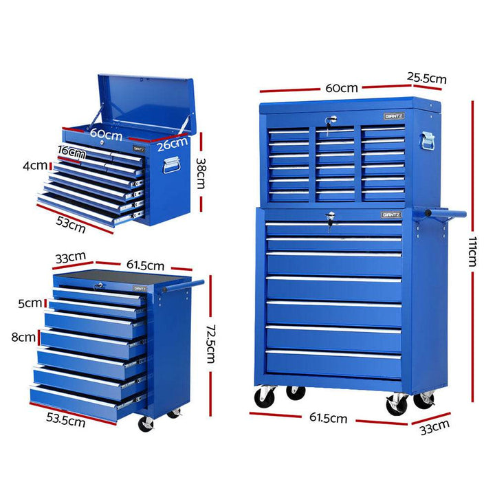 Giantz 17 Drawer Tool Chest & Trolley Cabinet – Steel Garage Toolbox with Wheels (Blue) - DriftnDrive