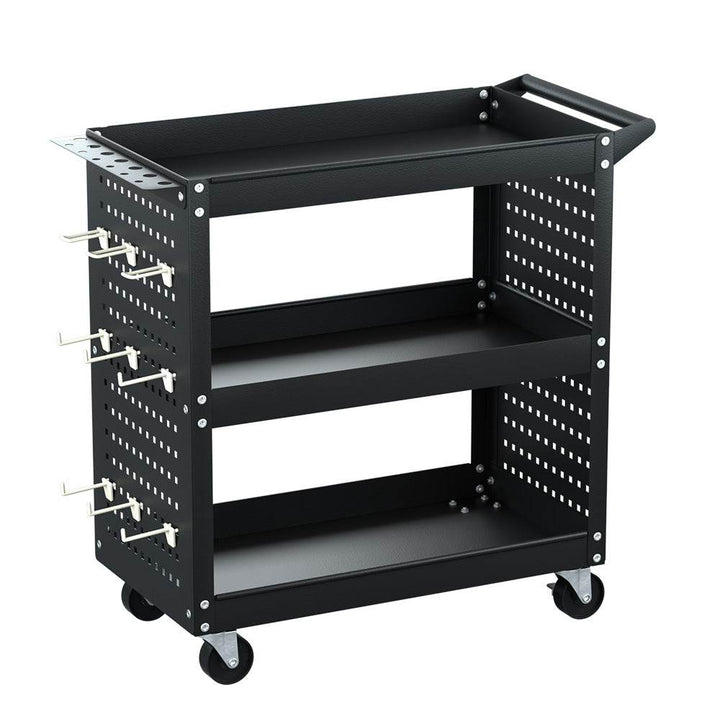 Giantz 3-Tier Tool Cart with Pegboard Hooks – Steel Workshop Trolley Organizer (Black) - DriftnDrive