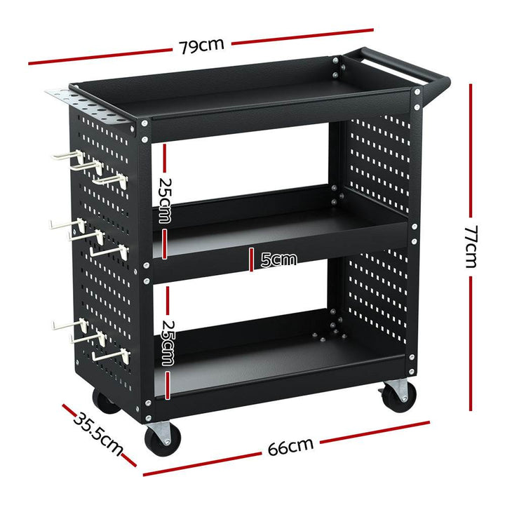 Giantz 3-Tier Tool Cart with Pegboard Hooks – Steel Workshop Trolley Organizer (Black) - DriftnDrive