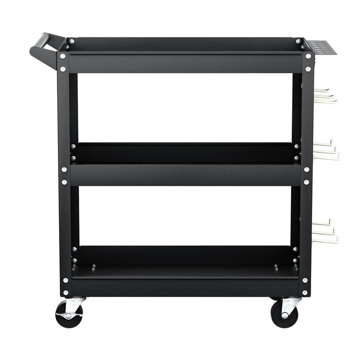 Giantz 3-Tier Tool Cart with Pegboard Hooks – Steel Workshop Trolley Organizer (Black) - DriftnDrive