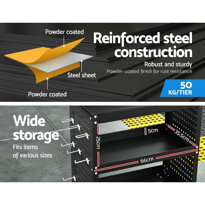 Giantz 3-Tier Tool Cart with Pegboard Hooks – Steel Workshop Trolley Organizer (Black) - DriftnDrive