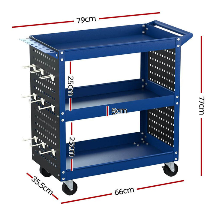 iantz 3-Tier Tool Cart with Pegboard Hooks – Steel Workshop Storage Trolley (Blue) - DriftnDrive