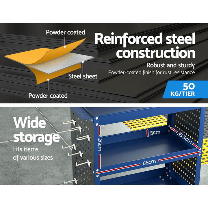 iantz 3-Tier Tool Cart with Pegboard Hooks – Steel Workshop Storage Trolley (Blue) - DriftnDrive