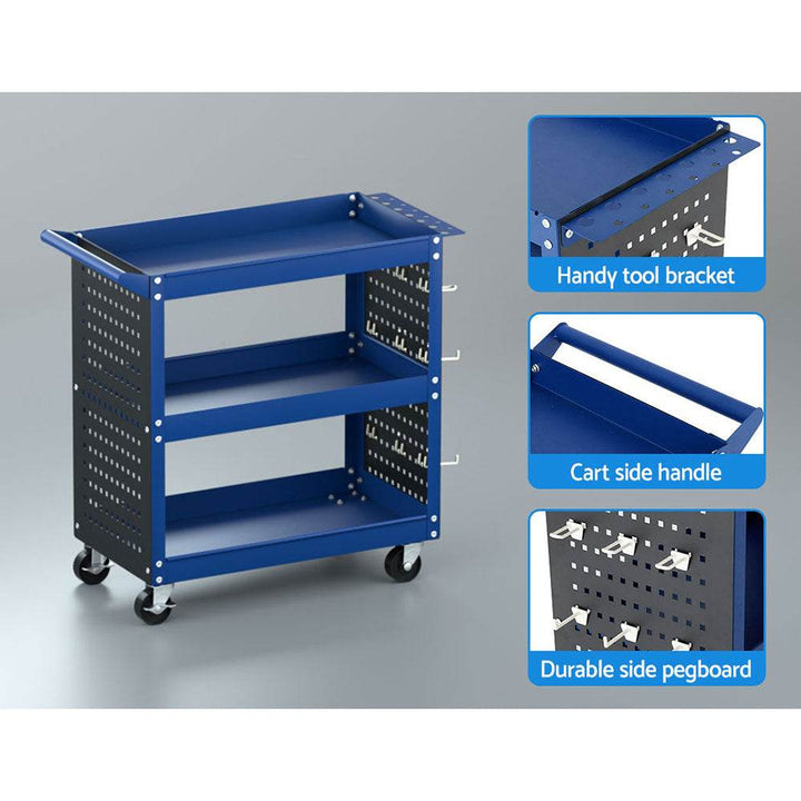 iantz 3-Tier Tool Cart with Pegboard Hooks – Steel Workshop Storage Trolley (Blue) - DriftnDrive