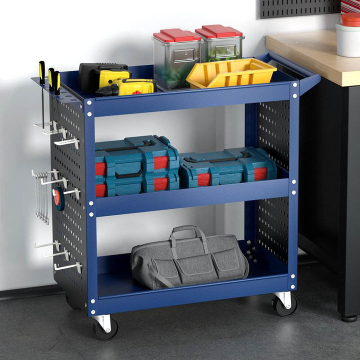 iantz 3-Tier Tool Cart with Pegboard Hooks – Steel Workshop Storage Trolley (Blue) - DriftnDrive