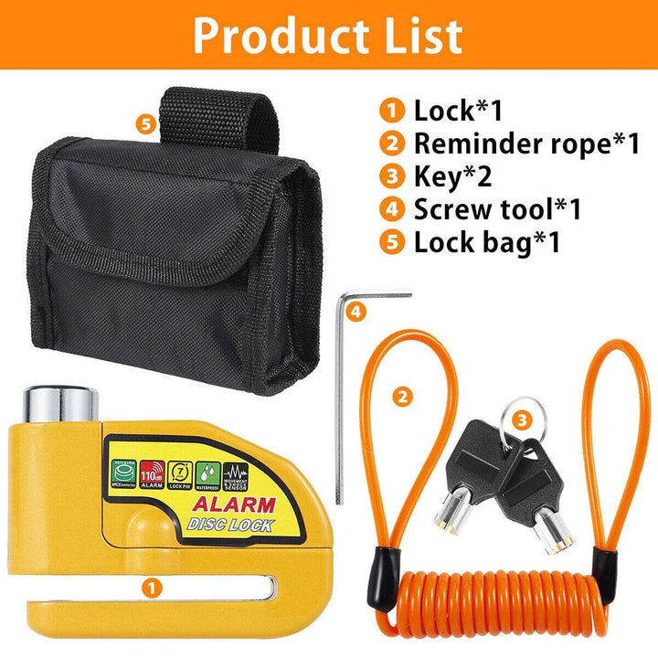 Yellow Motorcycle Alarm Disc Brake Lock – 110dB Anti-Theft Waterproof Security for Bike, Scooter, Electric Motor - DriftnDrive