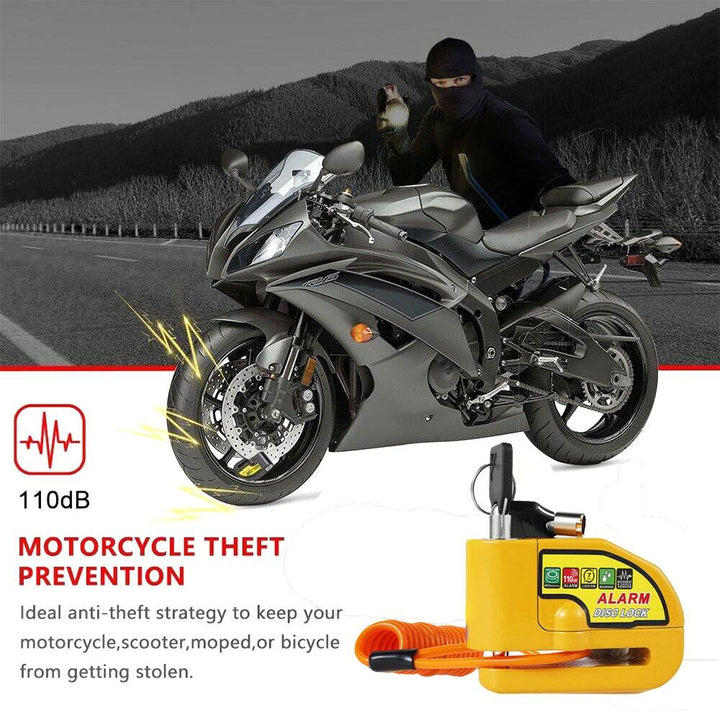 Yellow Motorcycle Alarm Disc Brake Lock – 110dB Anti-Theft Waterproof Security for Bike, Scooter, Electric Motor - DriftnDrive