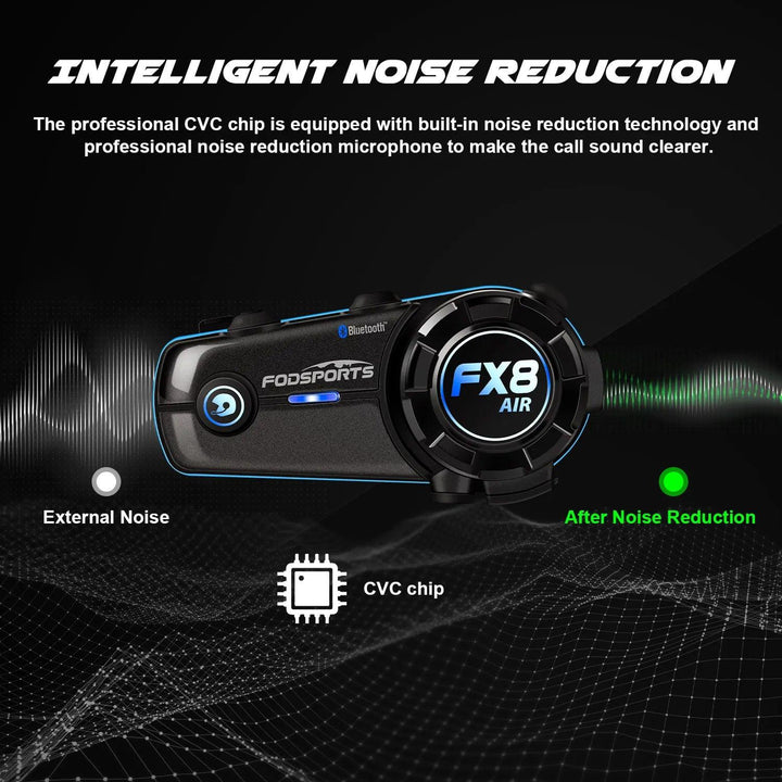 FX8 AIR Helmet Headset Communication System for Motorcyclists - Waterproof, Bluetooth 5.0, FM Radio, and Three Immersive Sound Modes - DriftnDrive